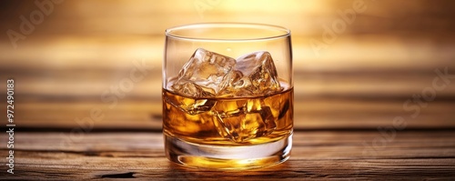 Whiskey on the Rocks in a Wet Glass on a Wooden Table Generative AI