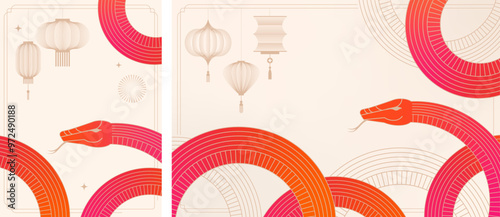 Chinese new year 2025 year of the Snake. Geometric red Snake illustration. Traditional Chinese vector design. Lunar new year concept