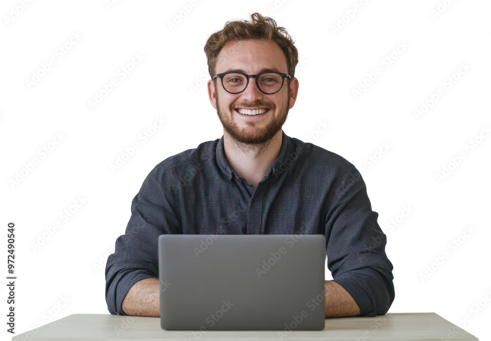 PNG Smiling man with laptop glasses background happy. PNG Smiling man with laptop glasses background happy.