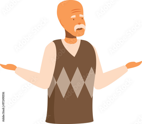 Senior man shrugging with open palms and confused facial expression, senior character confused and asking questions