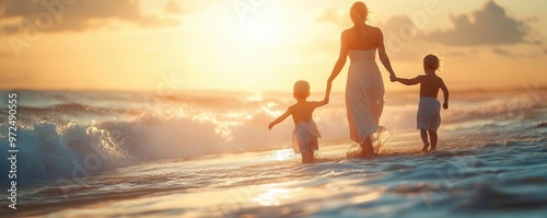 A joyful moment of a mother walking with her children along the beach during sunset, creating lasting memories together.