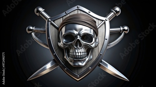 A silver skull and crossbones emblazoned on a black shield, flanked by crossed black swords, gleaming with a photo