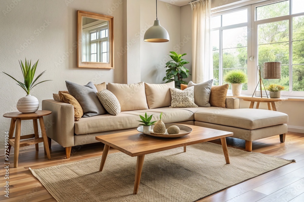beige sofa, wooden coffee table, and minimalist decor, creating a inviting atmosphere in a modern California-style beige sofa, wooden coffee table, and minimalist decor, creating a inviting atmosphere in a modern California-style