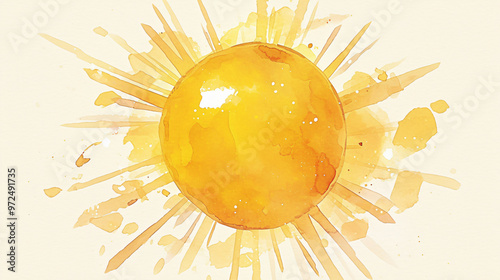 A bright and cheerful watercolor painting of the sun with radiant yellow rays spreading outward, embodying warmth and positivity, suitable for uplifting designs and themes.