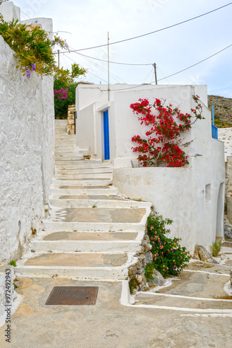 Fototapeta Naklejka Na Ścianę i Meble -  Tholaria village with narrow streets and traditional Cycladic architecture. Amorgos, Greece