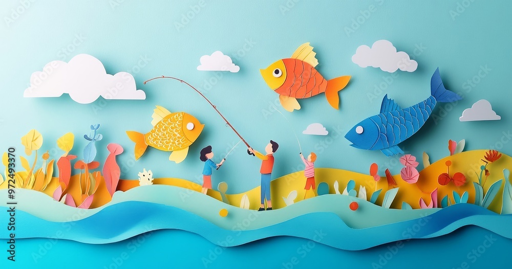 Fototapeta premium Whimsical Paper Art Fishing Scene With Colorful Fish And Nature