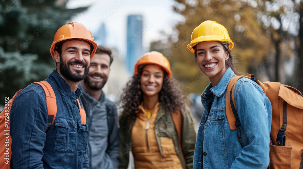 Naklejka premium A diverse group of young construction workers wearing hard hats smile while gathered outdoors, showcasing teamwork and camaraderie.