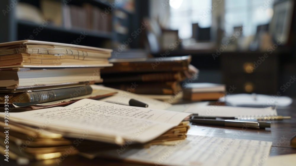 Handwritten Notes on a Desk with Books and Lamp, National Autor Day Handwritten Notes on a Desk with Books and Lamp, National Autor Day