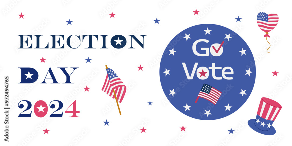Obraz premium American Election Day 2024 Banner with American flags and sticker with text Go Vote. Presidential campaign concept. Template for background, banner, card, poster with text