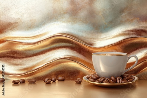 Opalescent beige and gold coffee art with cup and beans