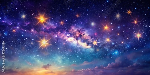 Celestial night sky filled with twinkling stars and galaxies, set against a deep blue and purple gradient background,