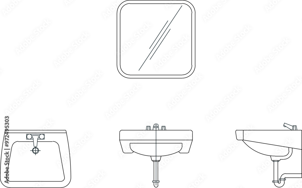 Vector sketch illustration of the silhouette design of a hand washing sink with a size scale looking at various sides Vector sketch illustration of the silhouette design of a hand washing sink with a size scale looking at various sides