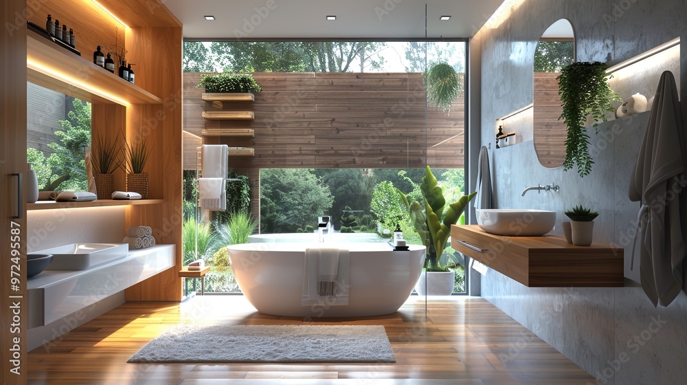 Fototapeta premium A modern bathroom featuring a freestanding bathtub, recessed shelving for towels and toiletries, and a large window allowing natural light to enhance the space's organized simplicity.