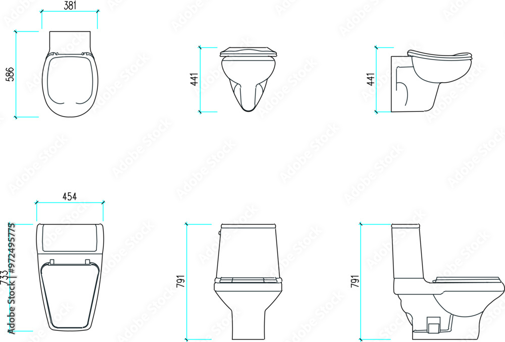 Vector sketch illustration of the silhouette of a monoblock closet design for a bathroom with a size scale seen on various sides Vector sketch illustration of the silhouette of a monoblock closet design for a bathroom with a size scale seen on various sides