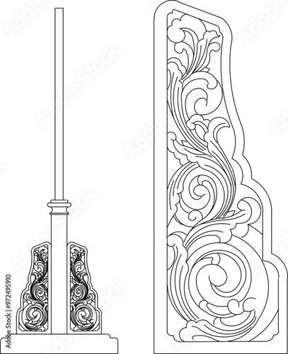 Vector sketch illustration of the silhouette of a classic vintage ethnic room backdrop partition furniture design full of traditional carvings
