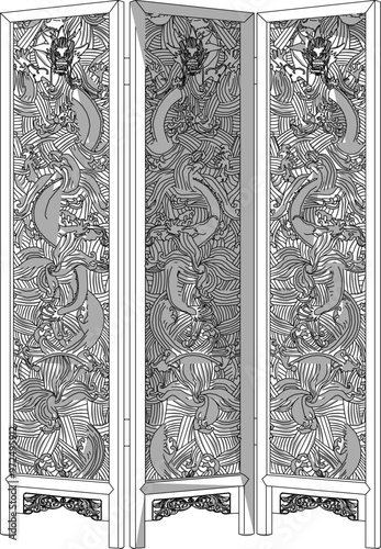 Vector sketch illustration of the silhouette of a classic vintage ethnic room backdrop partition furniture design full of traditional carvings