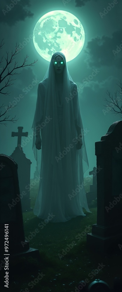 Halloween ghost with glowing eyes wandering spooky cemetery under bright full moon in eerie nighttime setting Halloween ghost with glowing eyes wandering spooky cemetery under bright full moon in eerie nighttime setting