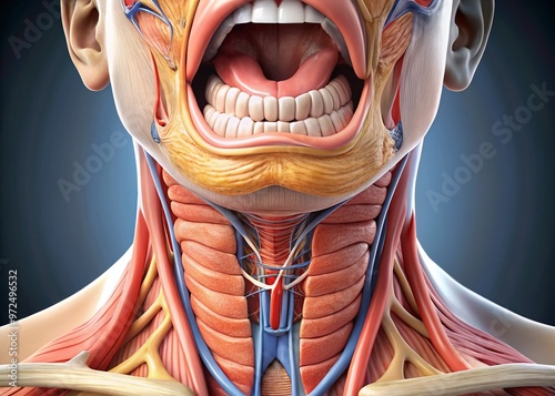 Close-up illustration of human vocal cords, showcasing delicate folds and mucous membranes, highlighting intricate photo