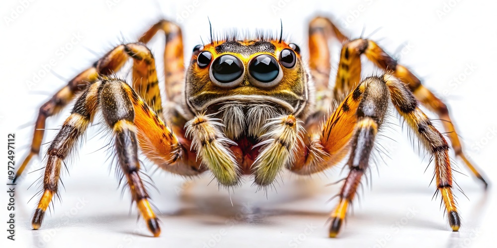 Fototapeta premium A suntiger spider's upturned palps and reflective eyes gleam in close-up, isolation on a pure white surface emphasizing