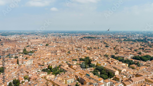 Bologna, Italy. Old Town. Two Towers. (Le due Torri) Garisenda and degli Asinelli. Towers from the 12th century. Summer, Aerial View photo