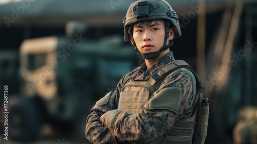 Confident Southeast Asian Male Soldier with Arms Crossed in Military Gear Against a Military Vehicle Background