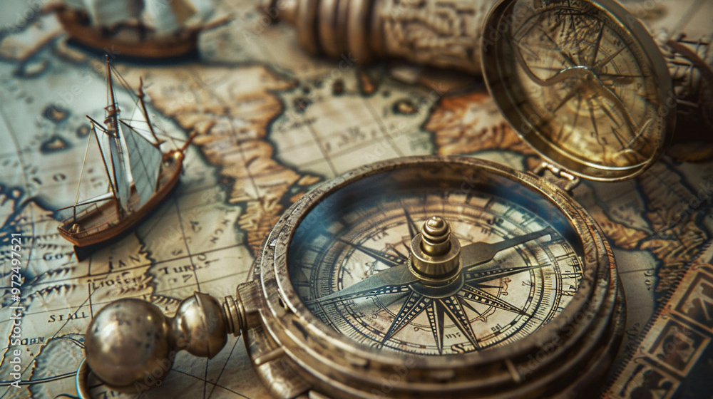 Fototapeta premium An intricate close-up of an antique compass resting atop an old map, accompanied by miniature sailing ships, showcasing the timeless allure of navigation and exploration, evoking a sense of adventure.