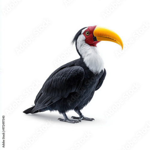 A striking toucan bird with a vivid orange beak and black and white feathers, standing isolated on a white background.