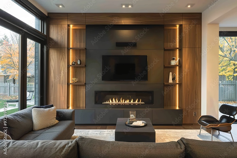 A modern living room with a built-in wall unit that houses a fireplace, TV, and sleek cabinets, all in a clean, geometric layout, providing ample hidden storage.