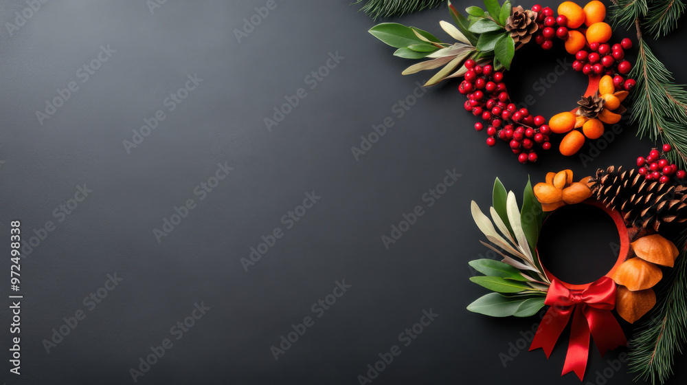 Fototapeta premium Two colorful Christmas wreaths with pine cones, berries, and leaves on a black background, perfect for holiday decor and celebrations.