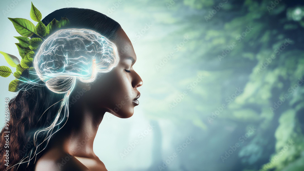The brain in the form of luminous streams intertwined with natural elements symbolizes the connection between mental and physical health The brain in the form of luminous streams intertwined with natural elements symbolizes the connection between mental and physical health