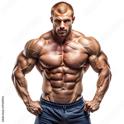 Muscular man showcasing a sculpted physique, ideal for fitness, bodybuilding, and health-related content. photo