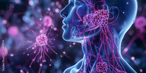 Human head with lymph nodes and blood vessels.