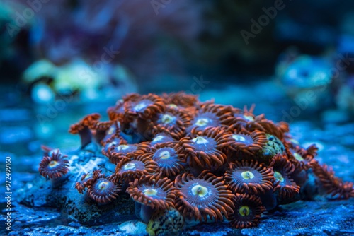 zoanthus polyp colony absorb organic matter, soft coral on frag plug in laminar flow, nano reef marine aquarium bottom, pet species grow in blue LED low light, expensive hobby, coral farm cultivation photo