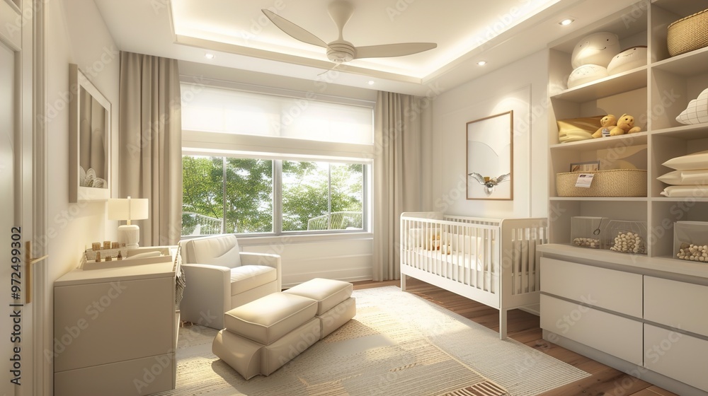A modern nursery with built-in storage for baby essentials, a convertible crib, and soft, neutral tones that create a peaceful and organized space. A modern nursery with built-in storage for baby essentials, a convertible crib, and soft, neutral tones that create a peaceful and organized space.