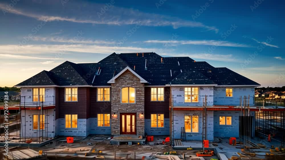 A modern house under construction showcasing scaffolding, tools, and a development site in a vibrant environment A modern house under construction showcasing scaffolding, tools, and a development site in a vibrant environment