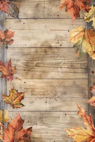 vertical autumn antique wood plank page post card with leaf motifs and copy space in middle for writing 2