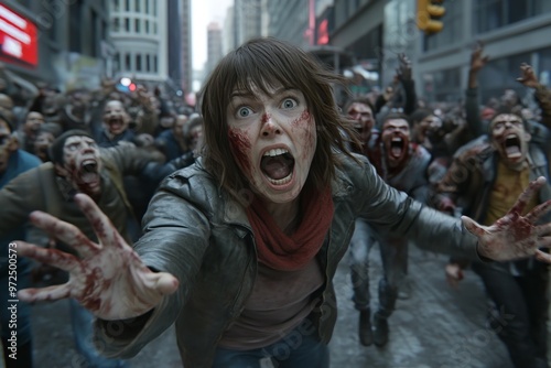 In the middle of a zombie apocalypse scene, a generative AI robot fights your zombie horde