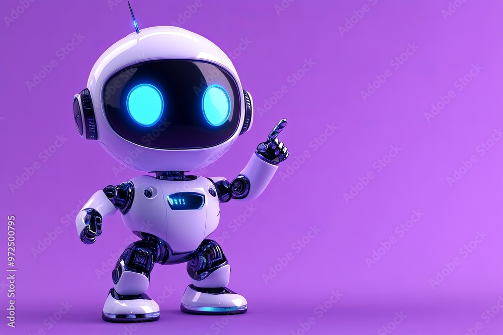 The positive cute robot points at a space. Copy space, generated by AI The positive cute robot points at a space. Copy space, generated by AI