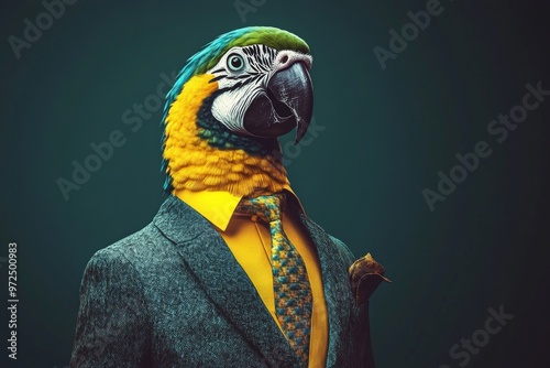 An generative AI portrait of a parrot dressed in a business suit
