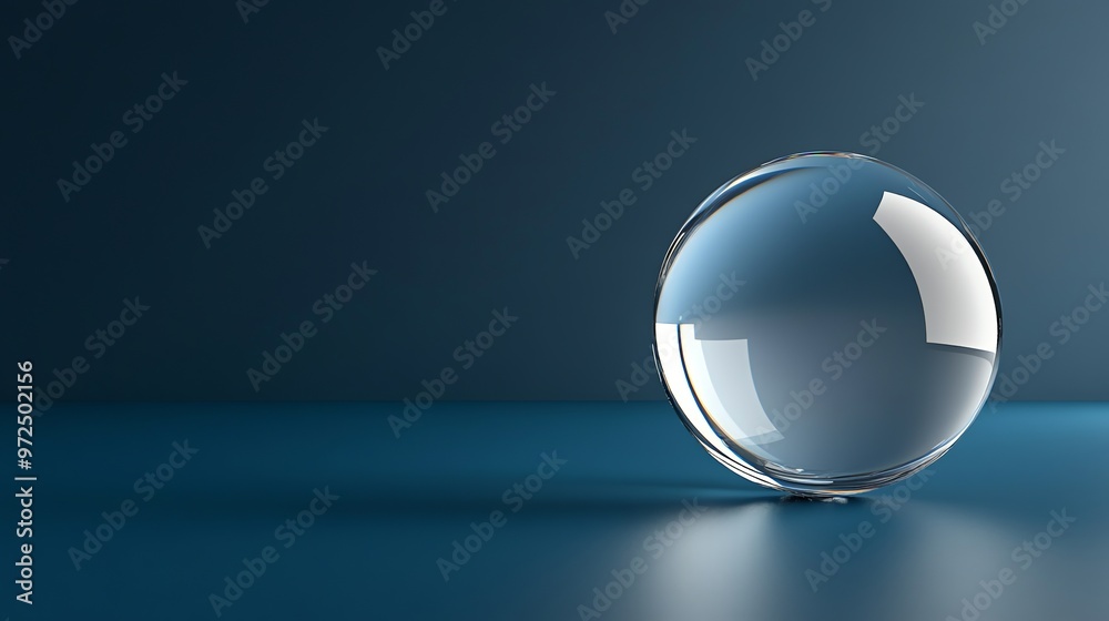 A clear glass sphere sits on a blue surface, reflecting light. A clear glass sphere sits on a blue surface, reflecting light.