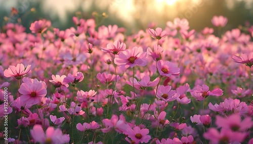 There is a pink sea of flowers in full bloom, creating a gentle and romantic atmosphere, and the sun shines soft light through the petals. #972502190