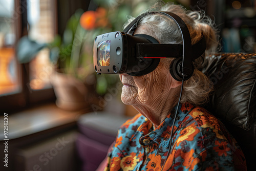 Elderly Woman Experiencing Virtual Reality Technology - Senior Using VR Headset and Headphones Indoors