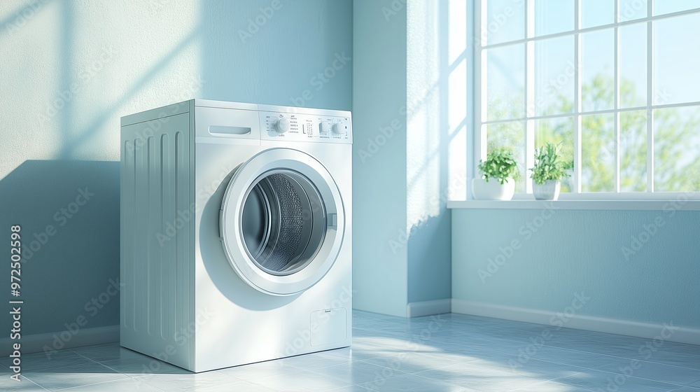 A modern washing machine in a bright laundry room with sunlight streaming through large windows and greenery in the background