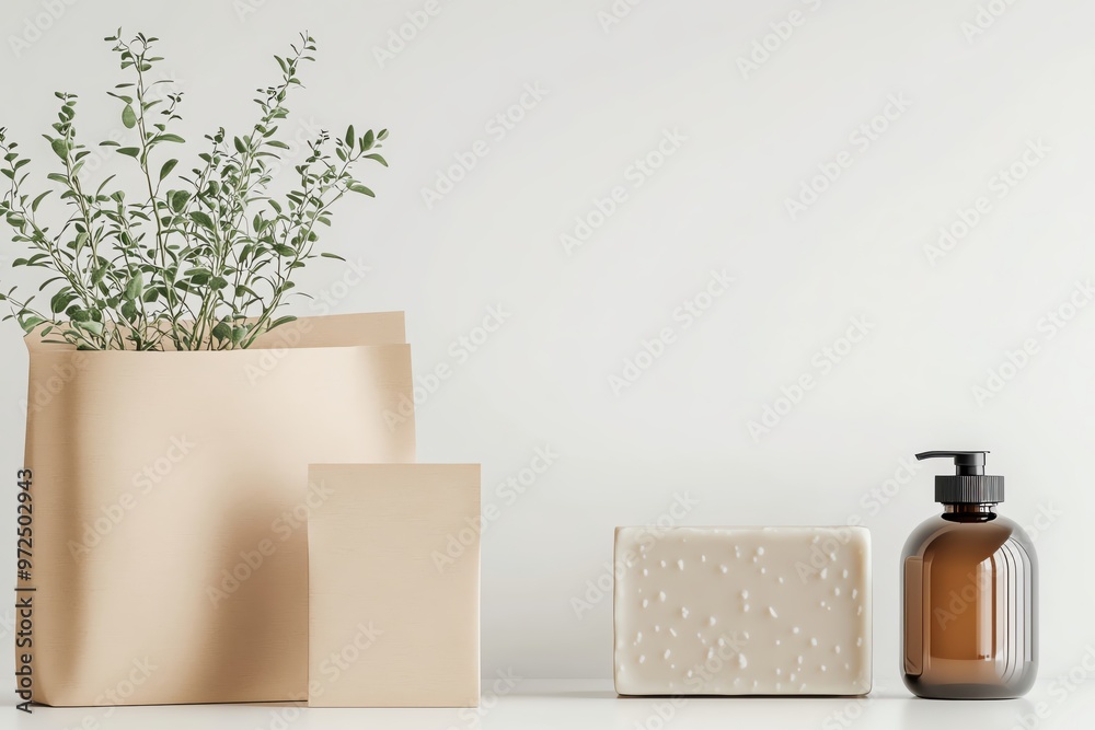 A minimalistic arrangement featuring a plant, a paper bag, and a bottle, perfect for aesthetic and eco-friendly presentations.