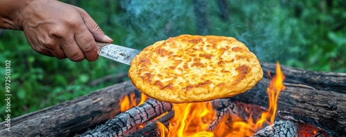 Traditional Native American Fry Bread Cooking Over Open Fire at Outdoor Cultural Gathering photo