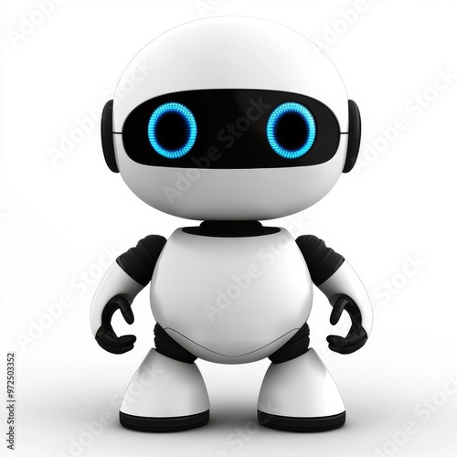 Cute friendly robot with hand up hello, AI, Stock, virtual smart assistant bot icon, customer support chat bot, innovation and technology concept. 3D rendering.