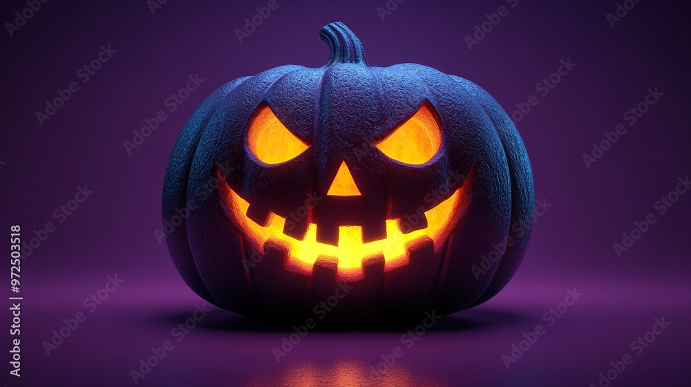 Fototapeta premium 3d animation halloween decoration jumping and spinning pumpkin with scary face jack lantern glowing with inner light isolate3d on purple background