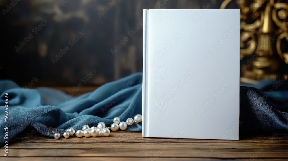 White ad book cover mock up for product advertisement stand on wooden table with pearl and silk. White ad book cover mock up for product advertisement stand on wooden table with pearl and silk.