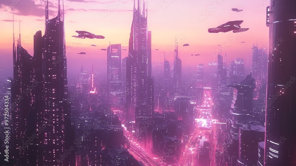 Fototapeta premium A cyberpunk city skyline at sunset, with flying vehicles in the sky.
