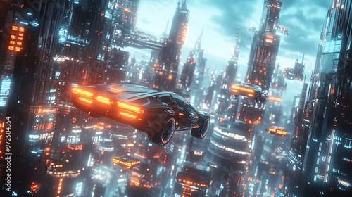 Flying cars zip through a futuristic city with neon lights.